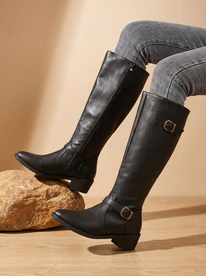 Damen Kniehohe Reitstiefel mit Blockabsatz Schnalle und Reißverschluss, Black