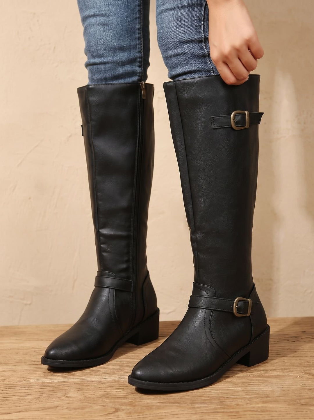 Damen Kniehohe Reitstiefel mit Blockabsatz Schnalle und Reißverschluss, Black