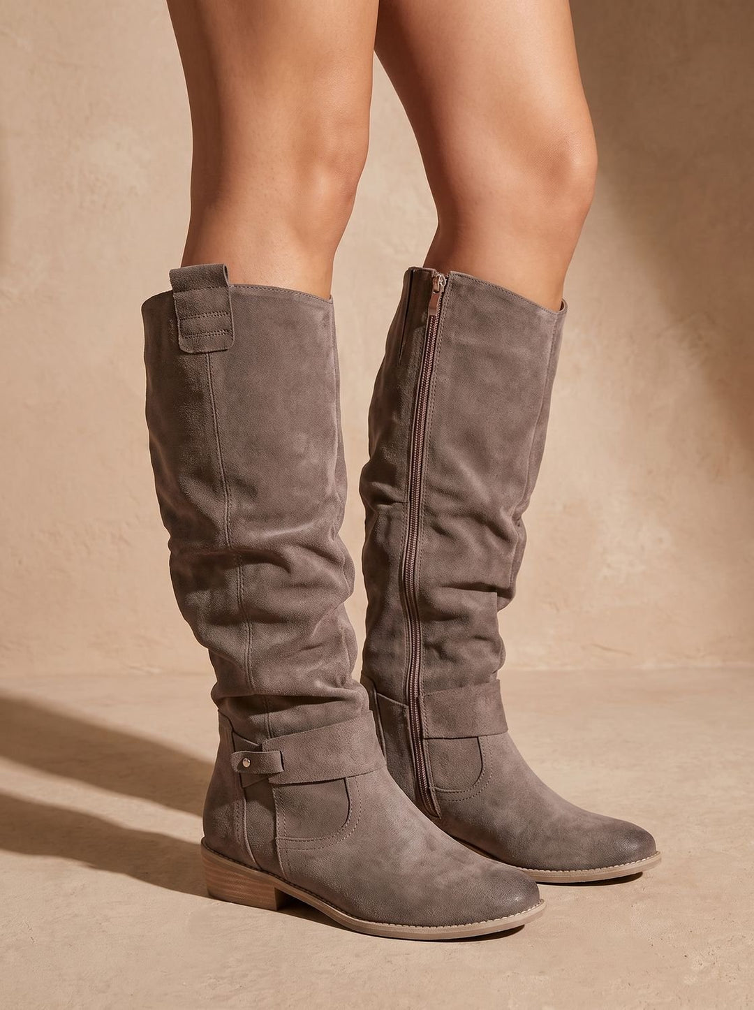 Damen Kniehohe Schlupfstiefel Spitze Zehenform Blockabsatz Ziehlasche