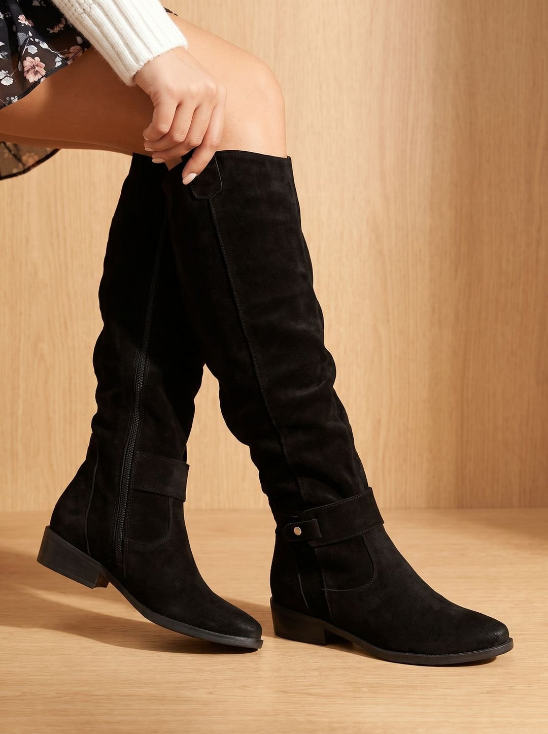 Damen Kniehohe Schlupfstiefel Spitze Zehenform Blockabsatz Ziehlasche