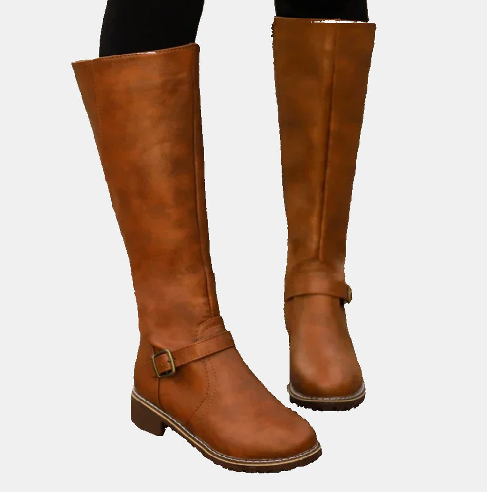 Damen Kniehohe Stiefel Kunstleder Schnalle Reißverschluss Knee High Boots