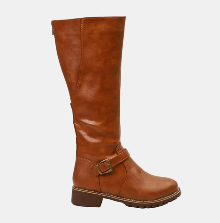 Damen Kniehohe Stiefel Kunstleder Schnalle Reißverschluss Knee High Boots