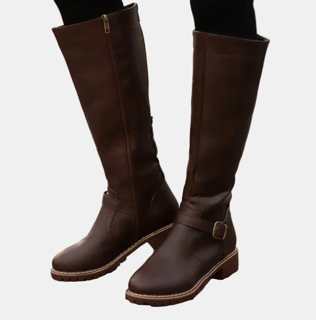 Damen Kniehohe Stiefel Kunstleder Schnalle Reißverschluss Knee High Boots