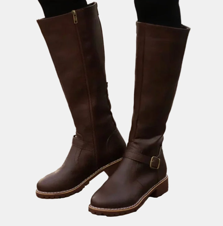 Damen Kniehohe Stiefel Kunstleder Schnalle Reißverschluss Knee High Boots