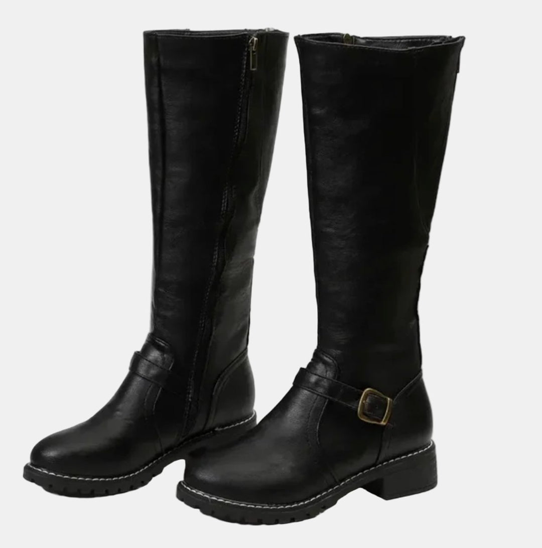 Damen Kniehohe Stiefel Kunstleder Schnalle Reißverschluss Knee High Boots - Schwarz