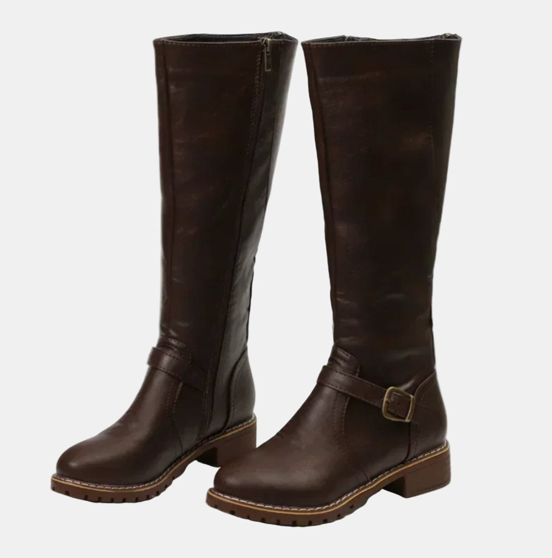 Damen Kniehohe Stiefel Kunstleder Schnalle Reißverschluss Knee High Boots