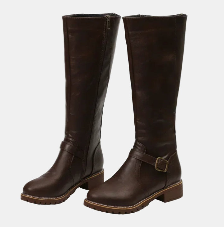 Damen Kniehohe Stiefel Kunstleder Schnalle Reißverschluss Knee High Boots