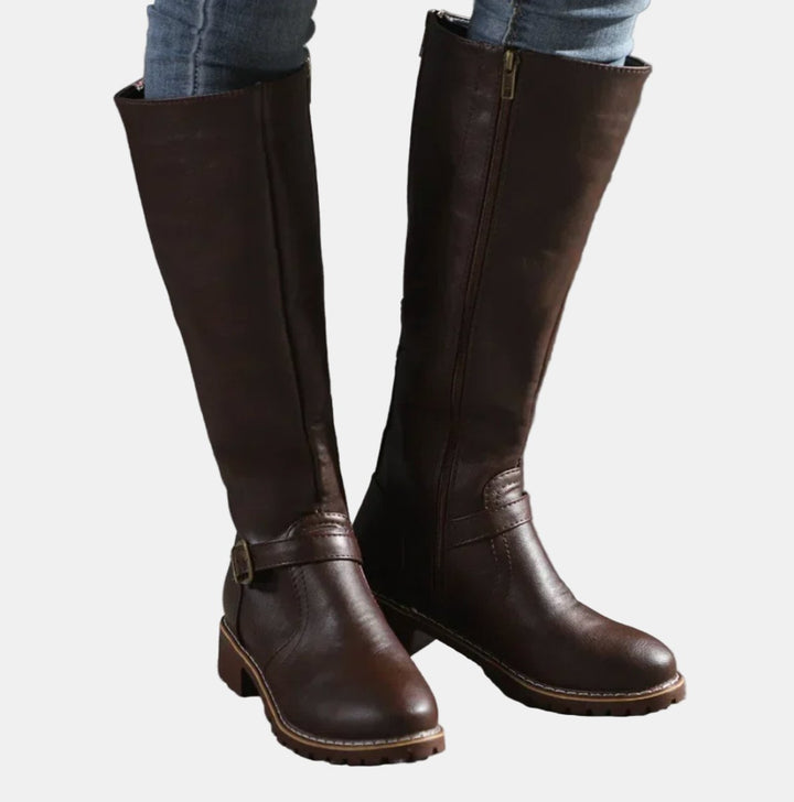 Damen Kniehohe Stiefel Kunstleder Schnalle Reißverschluss Knee High Boots - Dunkelbraun