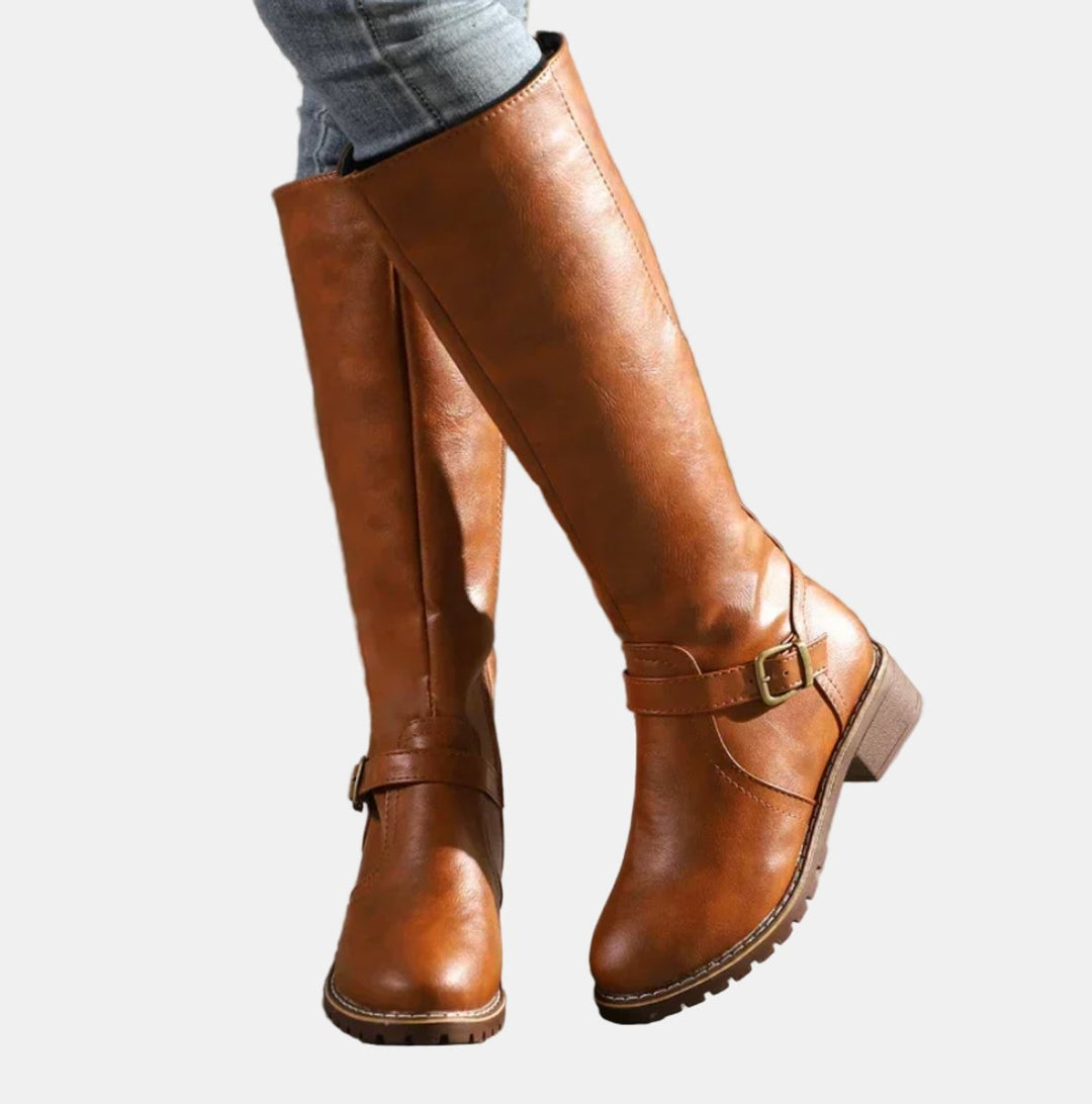 Damen Kniehohe Stiefel Kunstleder Schnalle Reißverschluss Knee High Boots - Braun