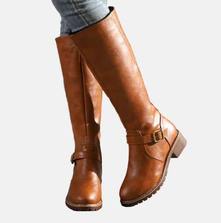 Damen Kniehohe Stiefel Kunstleder Schnalle Reißverschluss Knee High Boots - Braun