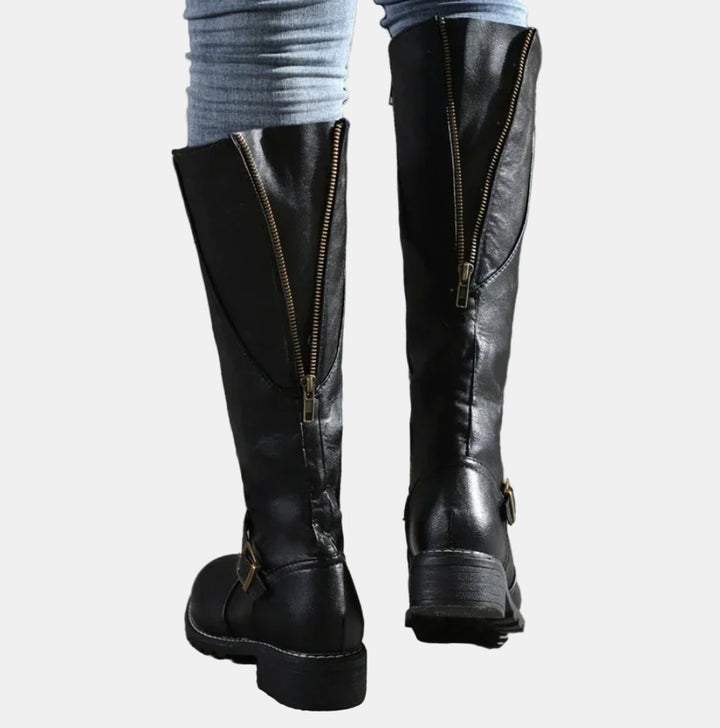 Damen Kniehohe Stiefel Kunstleder Schnalle Reißverschluss Knee High Boots