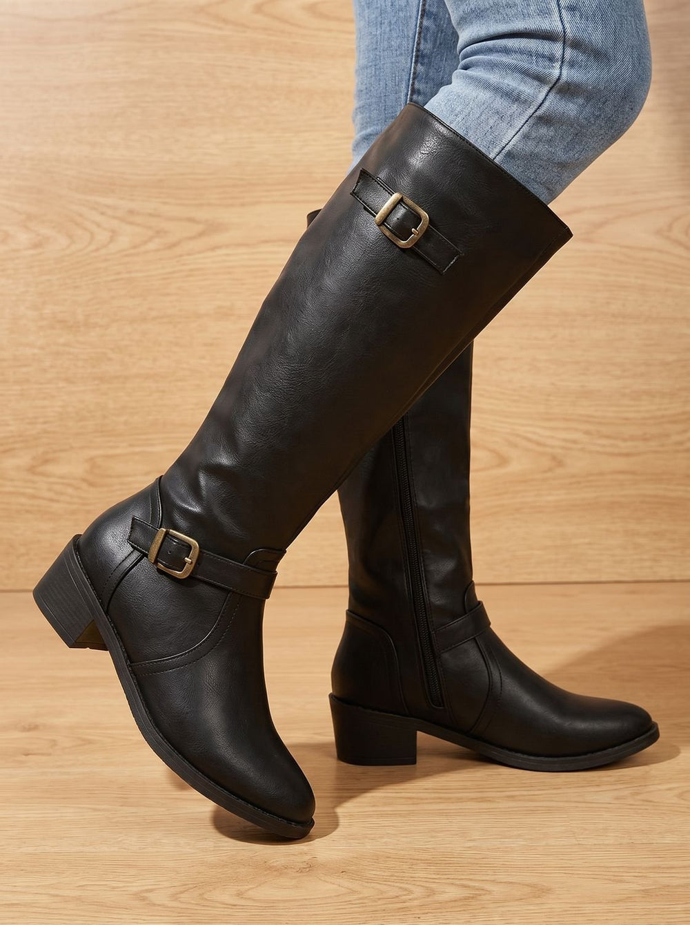 Damen Kniehohe Stiefel mit Doppelschnallen Blockabsatz Reißverschluss