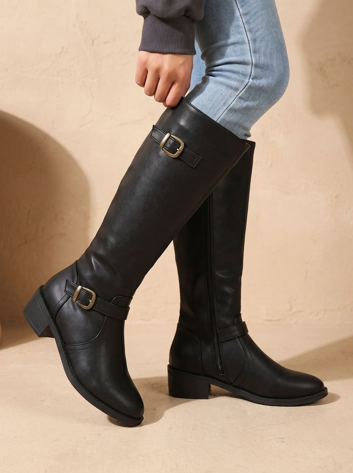 Damen Kniehohe Stiefel mit Doppelschnallen Blockabsatz Reißverschluss