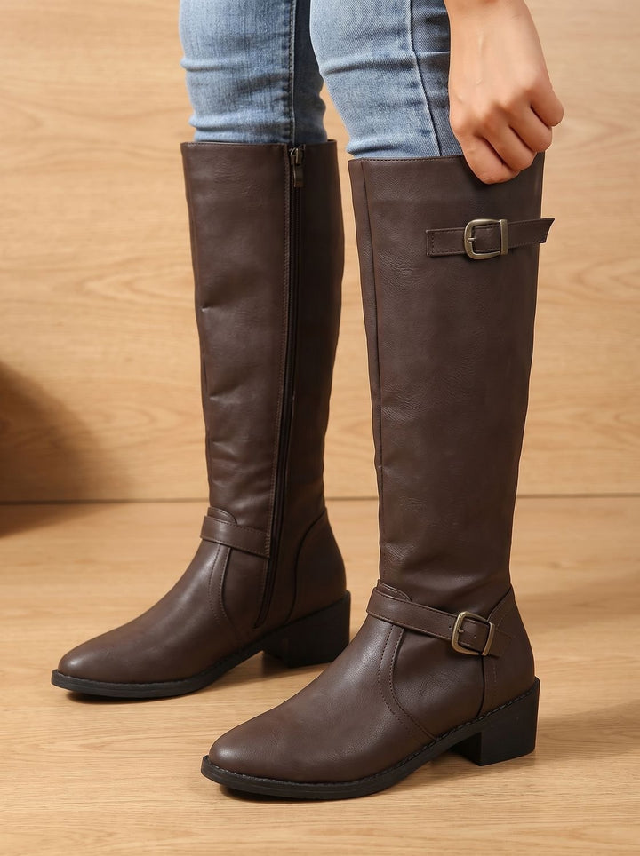 Damen Kniehohe Stiefel mit Doppelschnallen Blockabsatz Reißverschluss