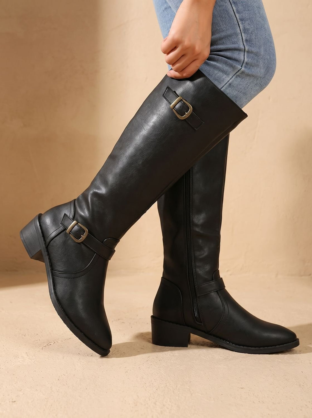 Damen Kniehohe Stiefel mit Doppelschnallen Blockabsatz Reißverschluss - Schwarz