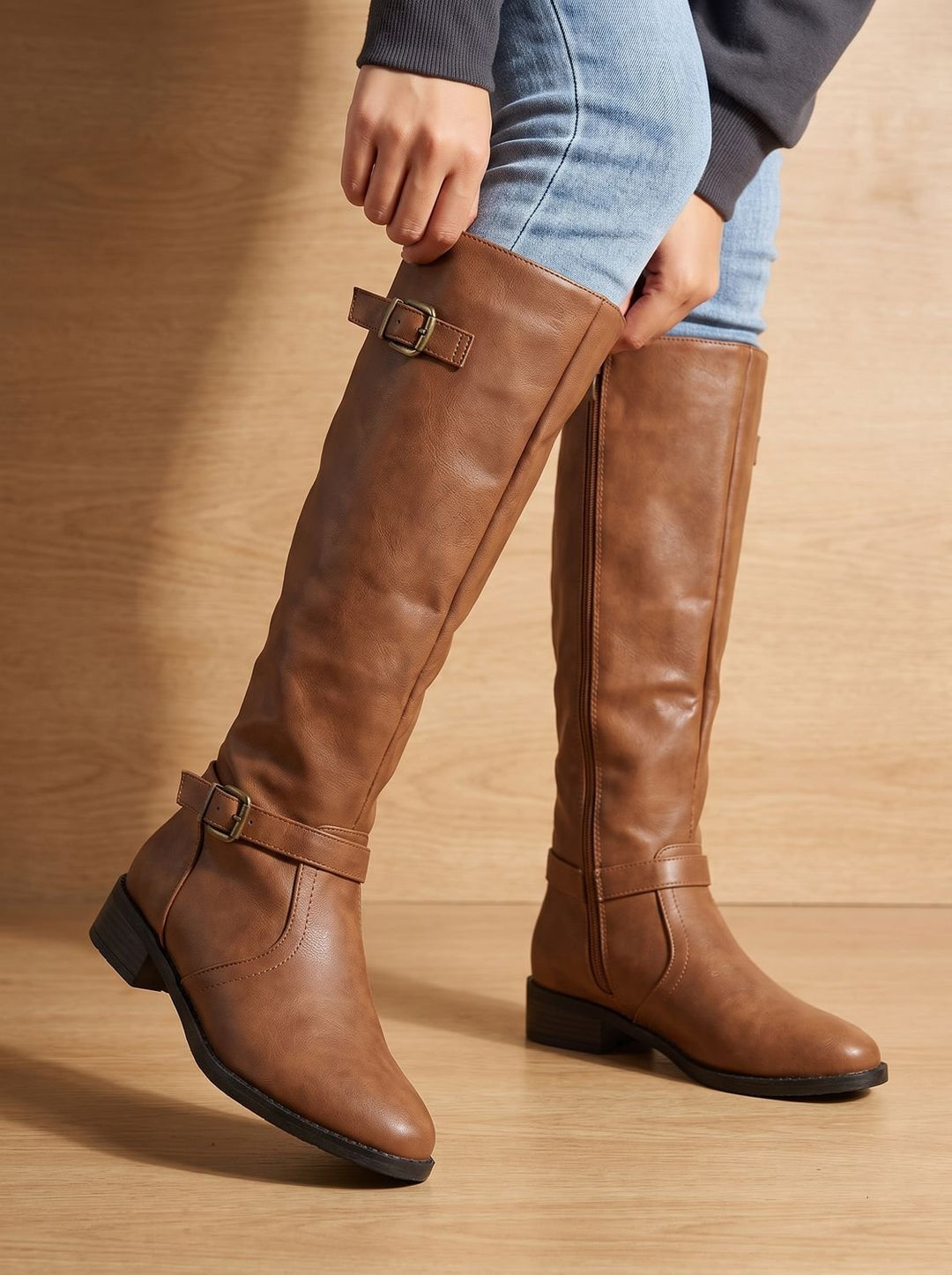 Damen Kniehohe Stiefel mit Doppelschnallen Blockabsatz Reißverschluss