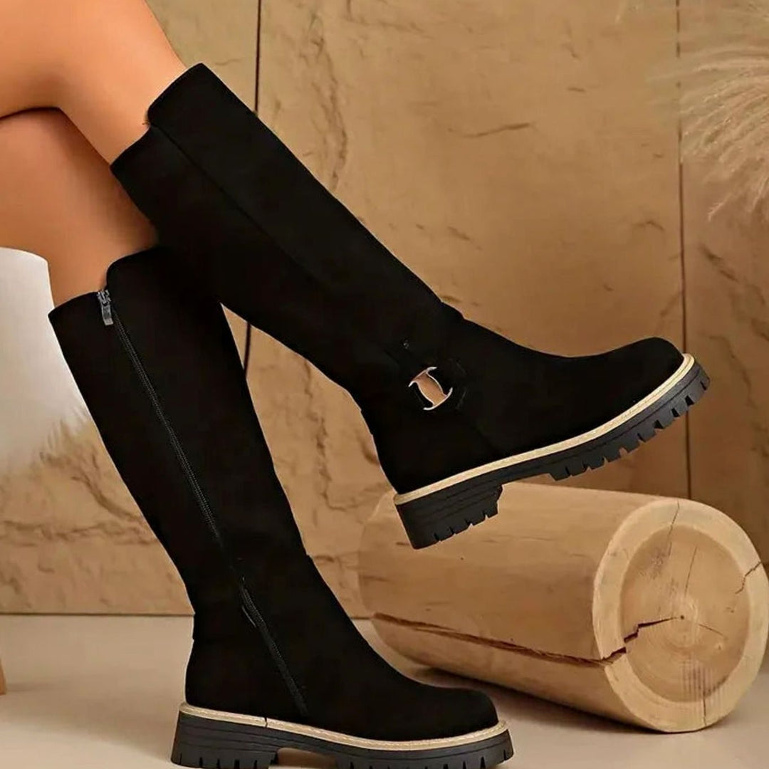 Damen Kniehohe Stiefel mit Schnalle Reißverschluss Profilsohle - Schwarz
