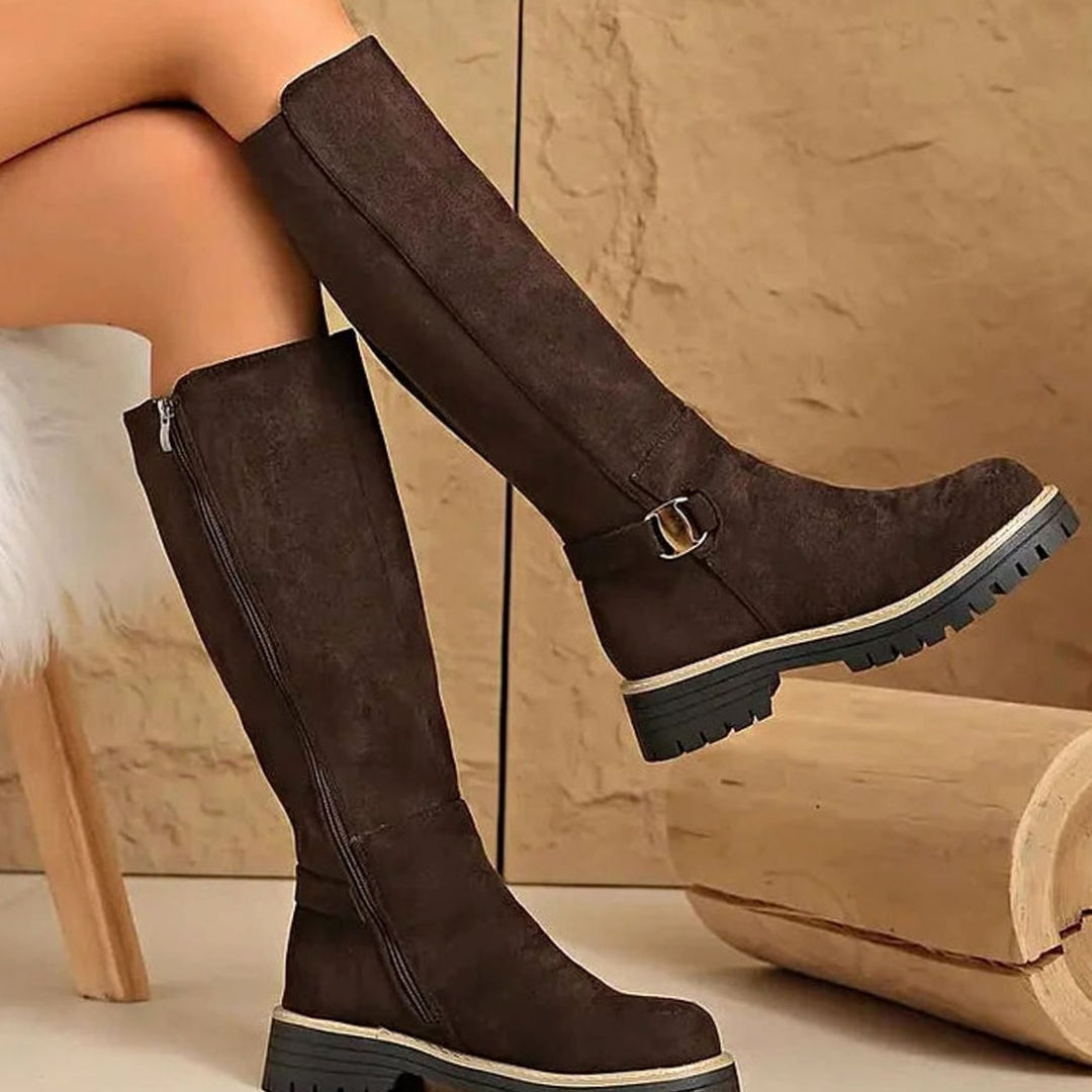Damen Kniehohe Stiefel mit Schnalle Reißverschluss Profilsohle