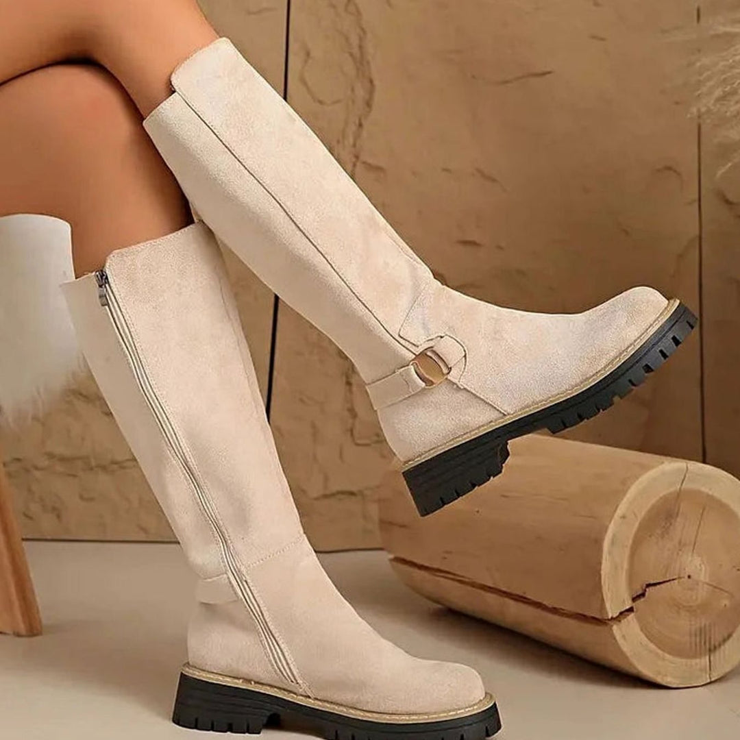 Damen Kniehohe Stiefel mit Schnalle Reißverschluss Profilsohle