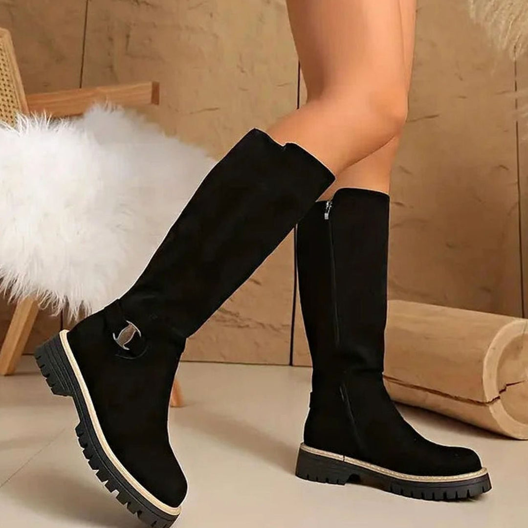 Damen Kniehohe Stiefel mit Schnalle Reißverschluss Profilsohle