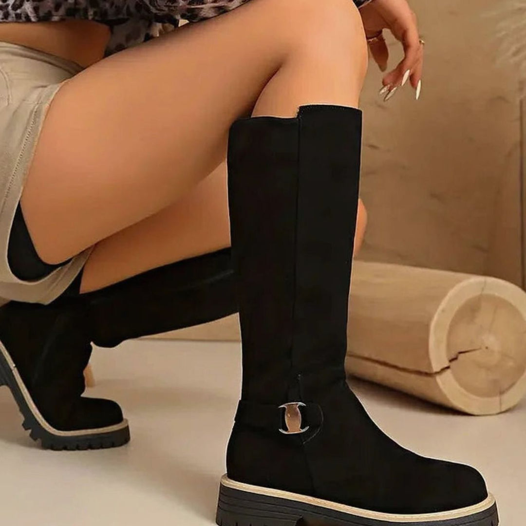 Damen Kniehohe Stiefel mit Schnalle Reißverschluss Profilsohle