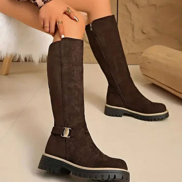 Damen Kniehohe Stiefel mit Schnalle Reißverschluss Profilsohle - Braun