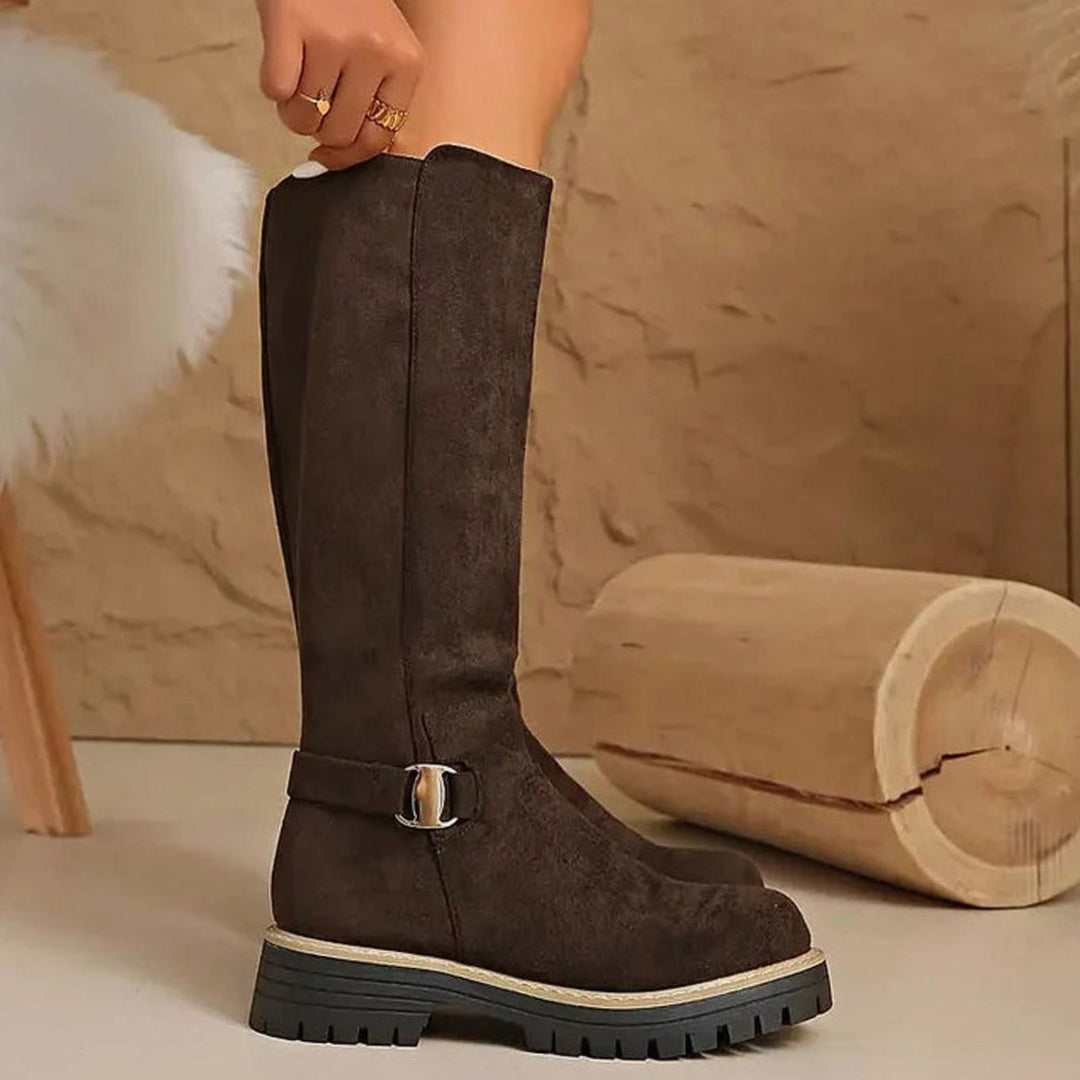Damen Kniehohe Stiefel mit Schnalle Reißverschluss Profilsohle