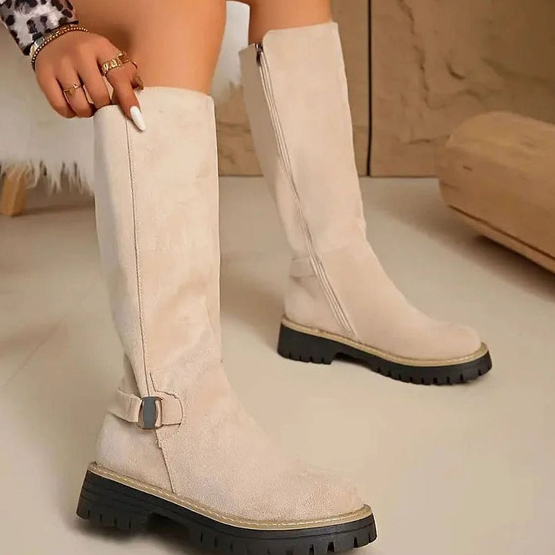 Damen Kniehohe Stiefel mit Schnalle Reißverschluss Profilsohle - Beige