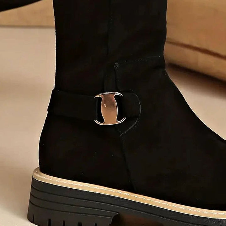 Damen Kniehohe Stiefel mit Schnalle Reißverschluss Profilsohle