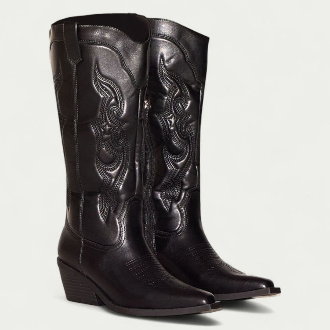 Damen Kniehohe Westernstiefel mit Spitzer Zehenpartie - Schwarz