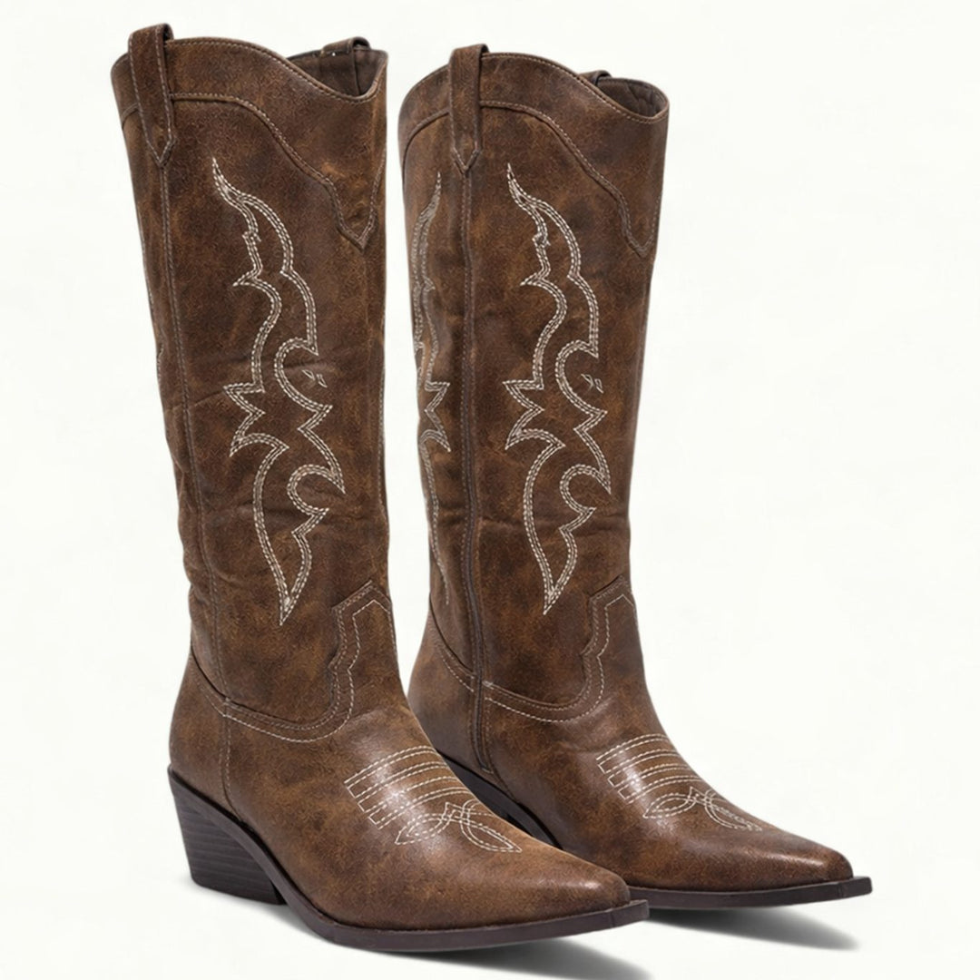 Damen Kniehohe Westernstiefel mit Spitzer Zehenpartie - Braun
