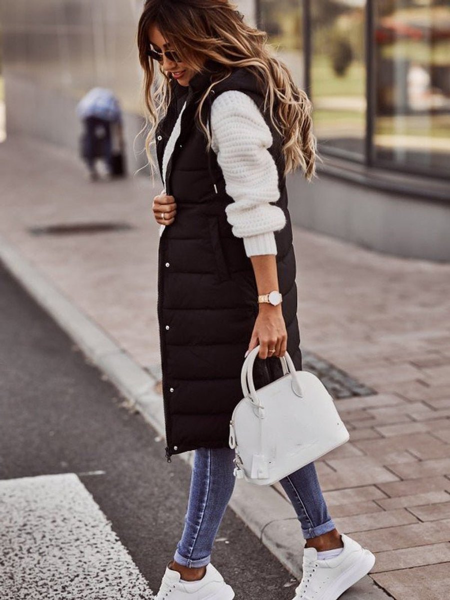 Damen Knielange Gesteppte Ärmellose Kapuzen Puffer Vest Women