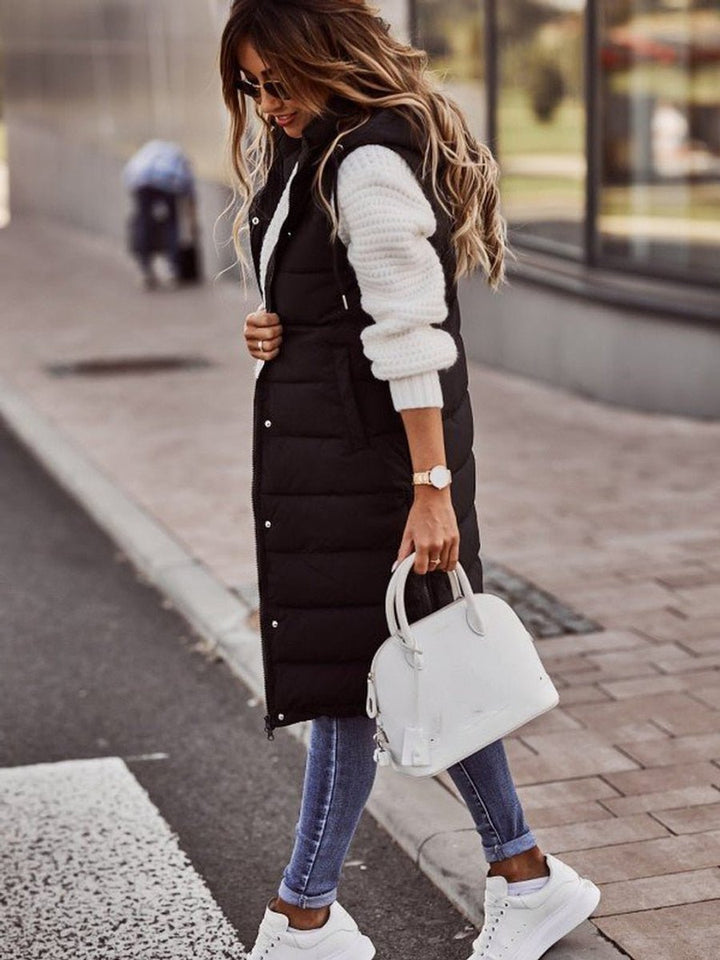 Damen Knielange Gesteppte Ärmellose Kapuzen Puffer Vest Women