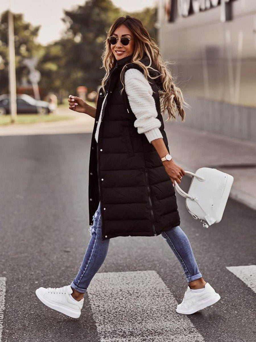 Damen Knielange Gesteppte Ärmellose Kapuzen Puffer Vest Women