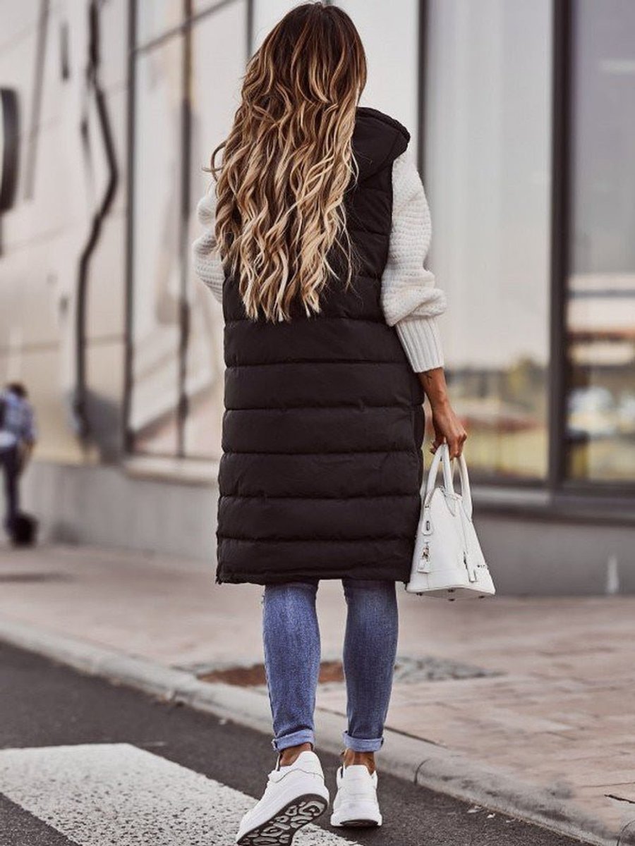 Damen Knielange Gesteppte Ärmellose Kapuzen Puffer Vest Women