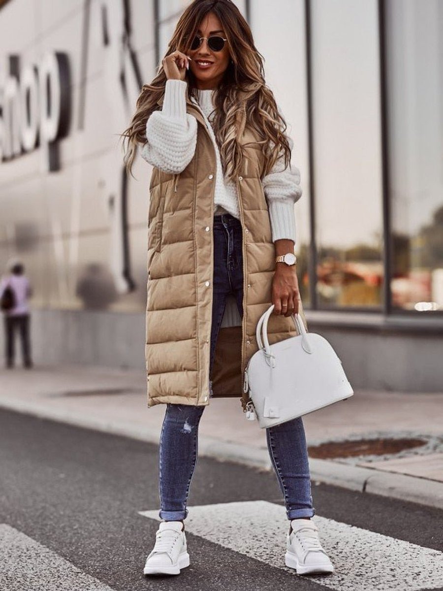 Damen Knielange Gesteppte Ärmellose Kapuzen Puffer Vest Women - Beige