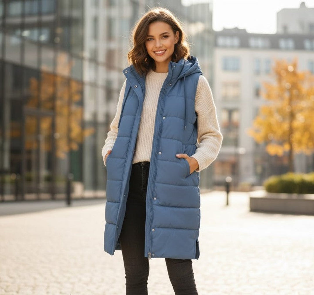 Damen Knielange Gesteppte Ärmellose Kapuzen Puffer Vest Women - Blau