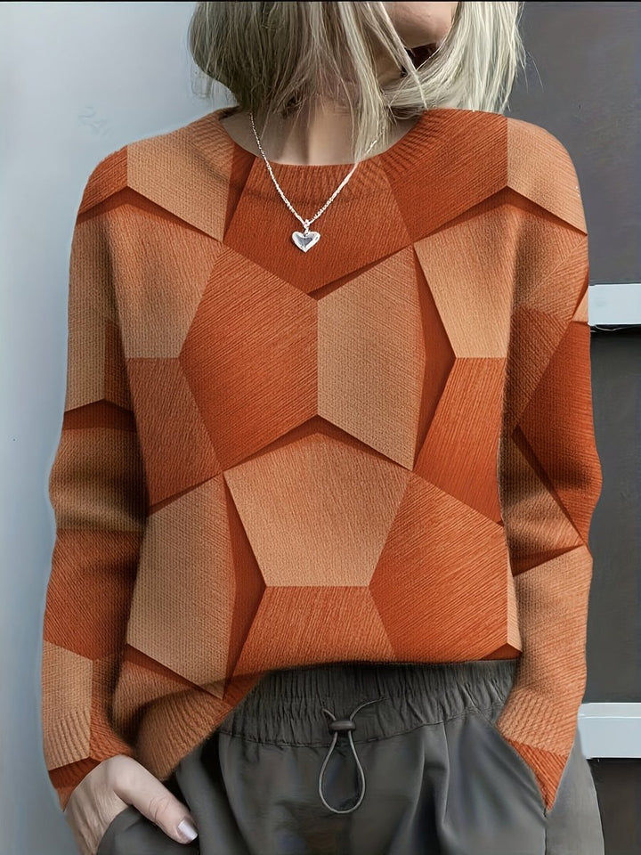 Damen Knit Sweater mit geometrischem 3D-Muster Rundhals Langarm - Orange