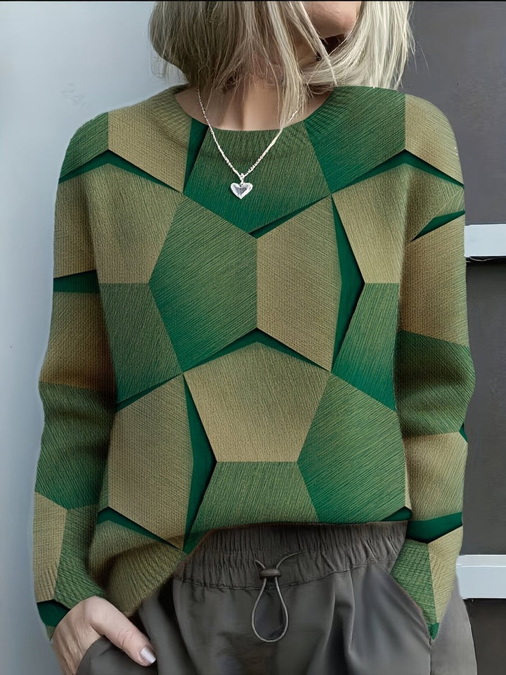 Damen Knit Sweater mit geometrischem 3D-Muster Rundhals Langarm - Grün