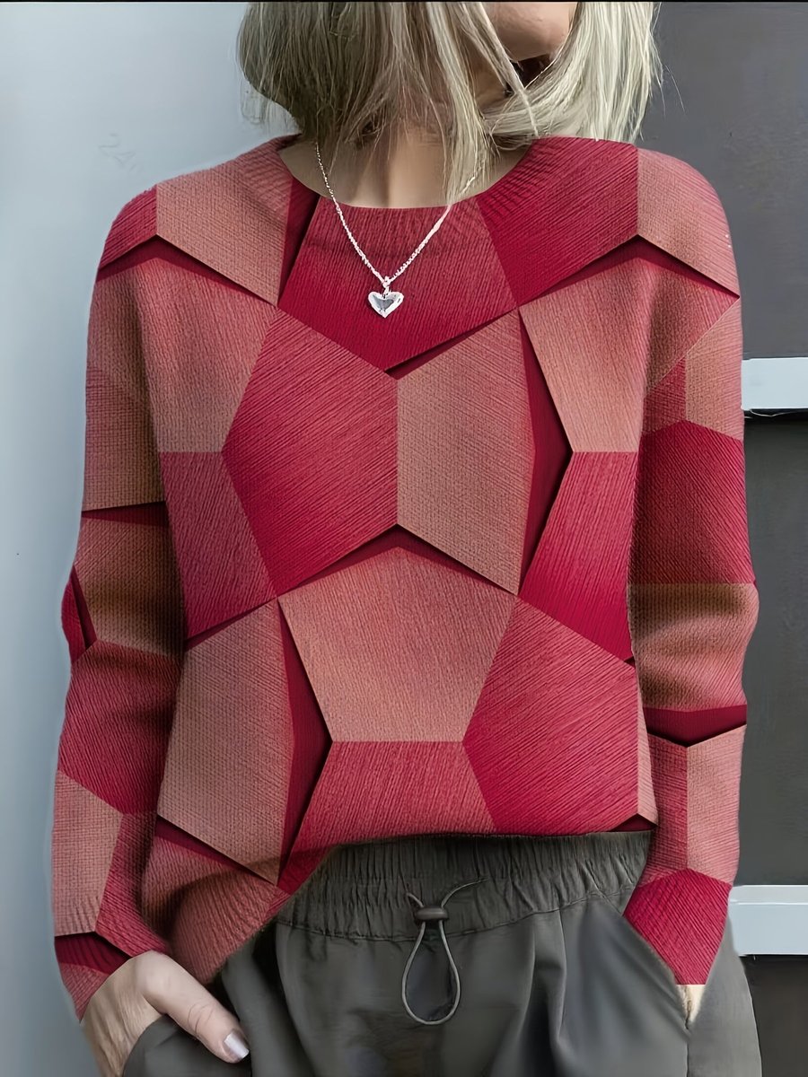 Damen Knit Sweater mit geometrischem 3D-Muster Rundhals Langarm - Rot