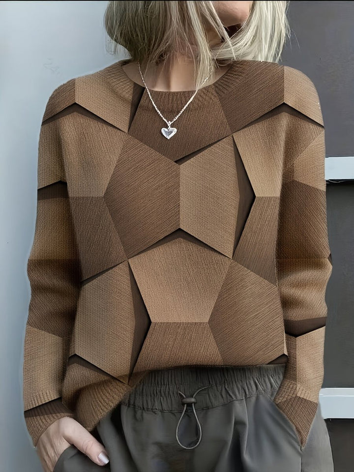 Damen Knit Sweater mit geometrischem 3D-Muster Rundhals Langarm - Braun