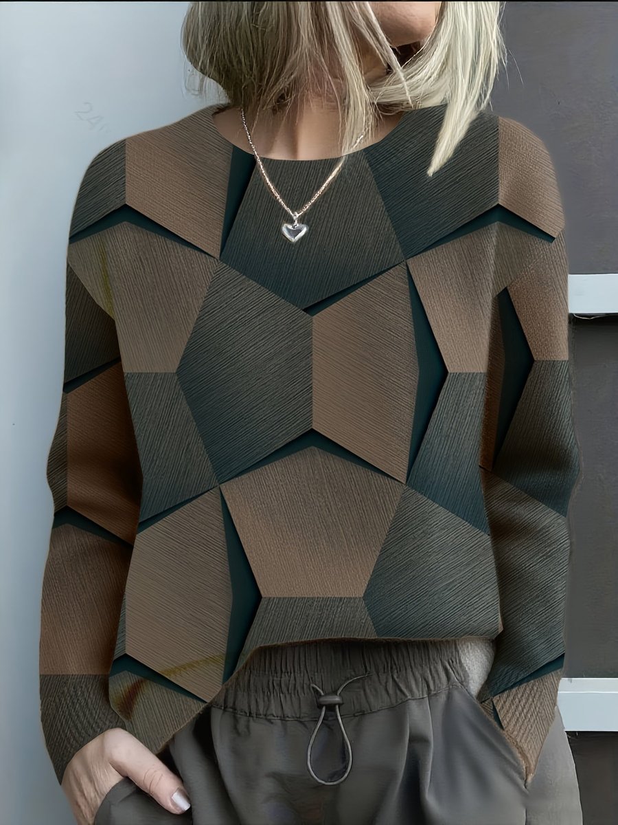 Damen Knit Sweater mit geometrischem 3D-Muster Rundhals Langarm - Schwarz