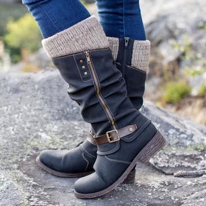 Damen Komfort-Stiefel Orthopädisch Kniehohe Blockabsatz Reißverschluss - Schwarz