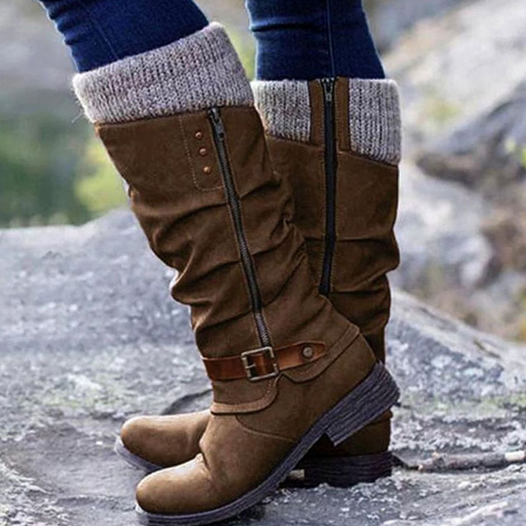 Damen Komfort-Stiefel Orthopädisch Kniehohe Blockabsatz Reißverschluss - Braun