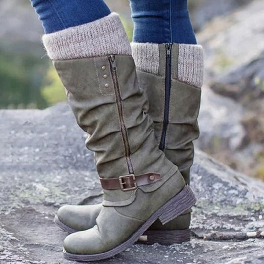 Damen Komfort-Stiefel Orthopädisch Kniehohe Blockabsatz Reißverschluss - Grau