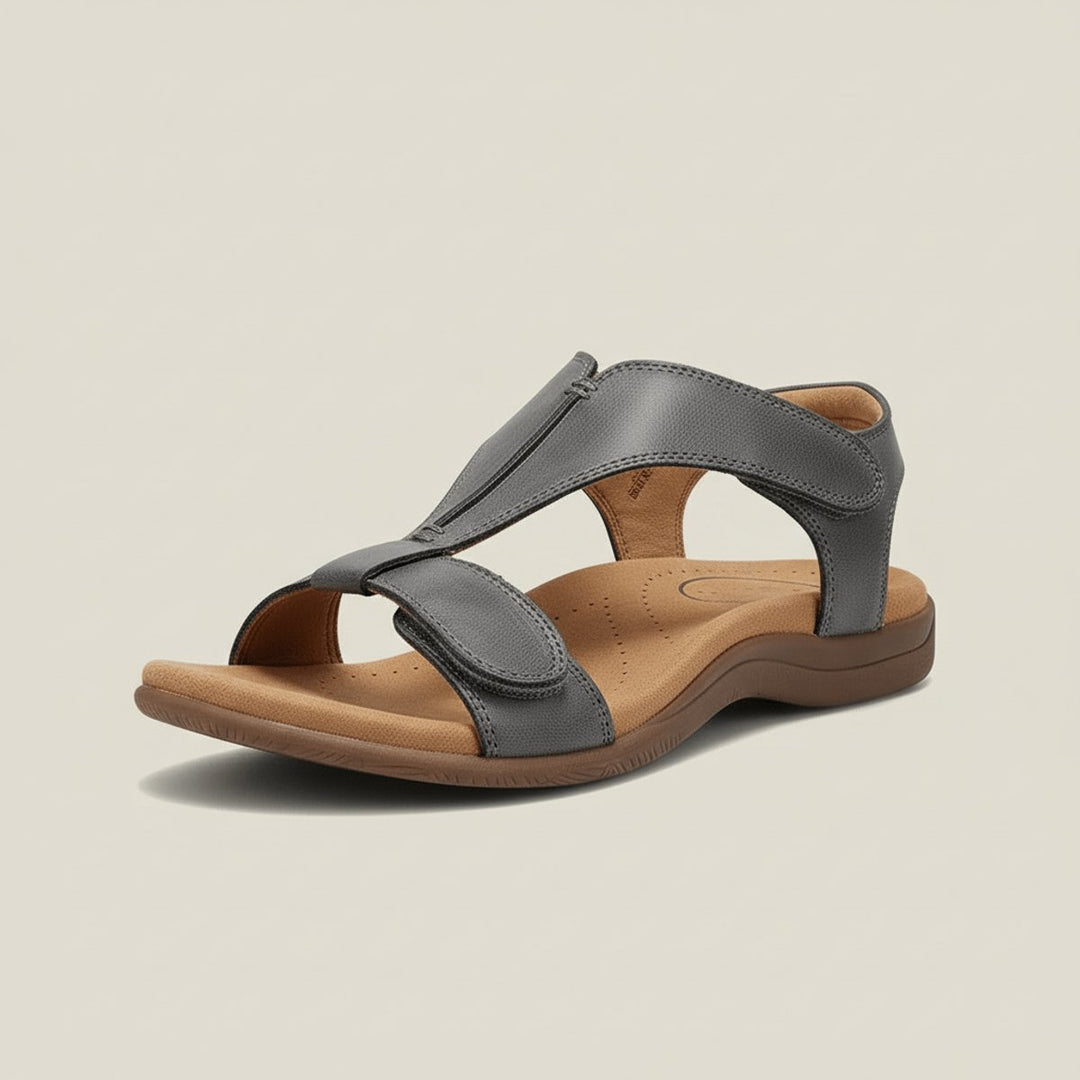 Damen Komfortable Sandalen T-Strap Klettverschluss Offene Zehenpartie - Charcoal Grey