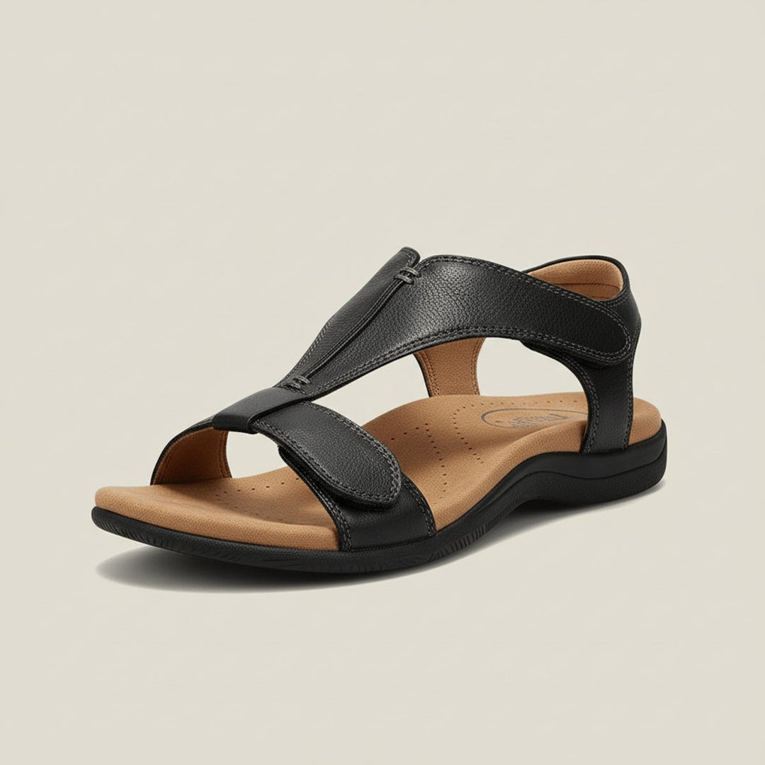 Damen Komfortable Sandalen T-Strap Klettverschluss Offene Zehenpartie - Jet Black