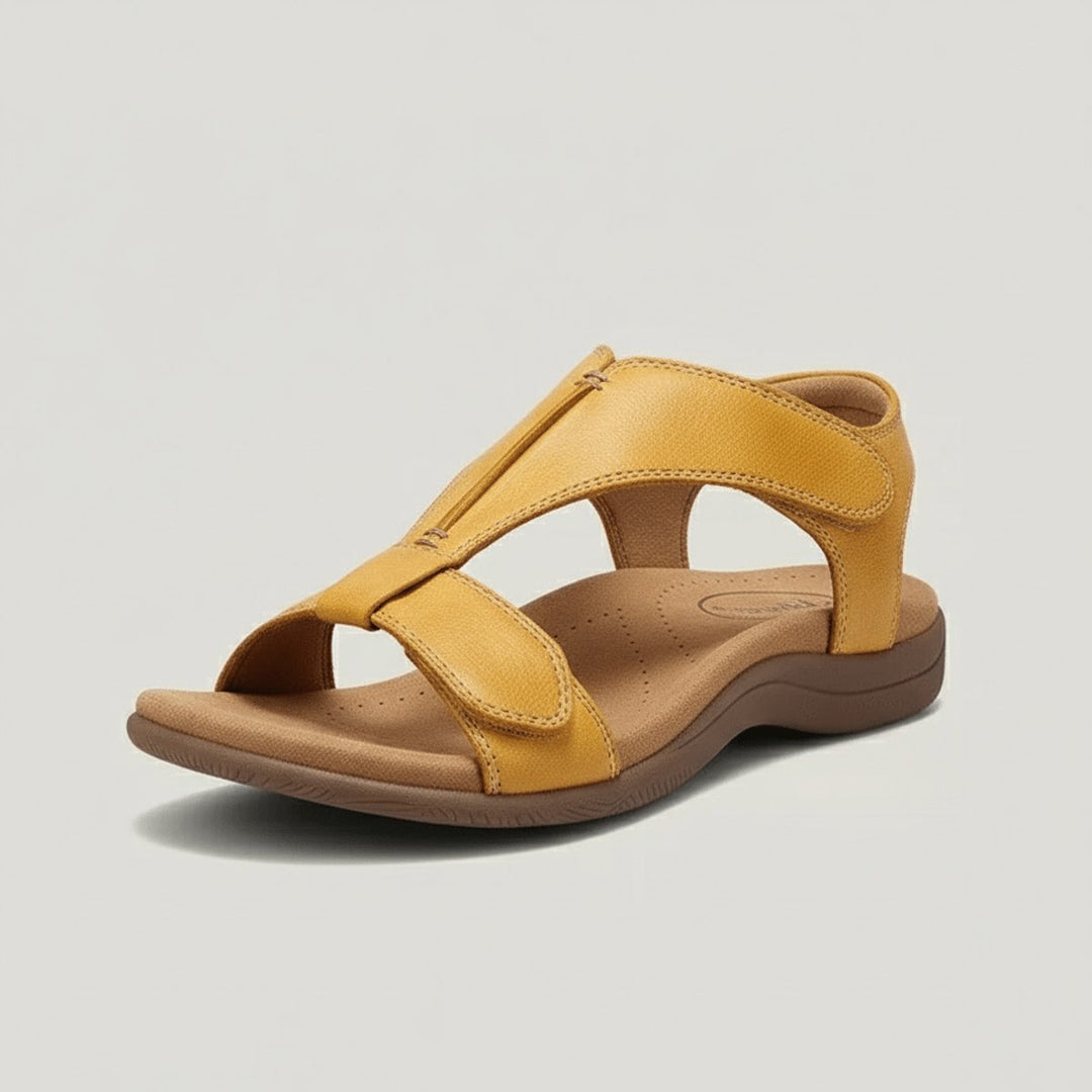 Damen Komfortable Sandalen T-Strap Klettverschluss Offene Zehenpartie - Mustard Yellow
