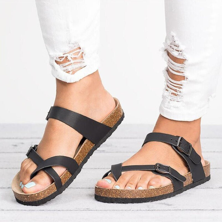 Damen Kork-Sandalen Zehensteg Schnallenverschluss Flache Sommersandalen - Schwarz