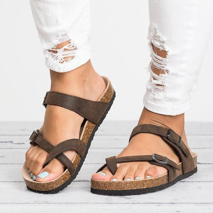 Damen Kork-Sandalen Zehensteg Schnallenverschluss Flache Sommersandalen - Braun